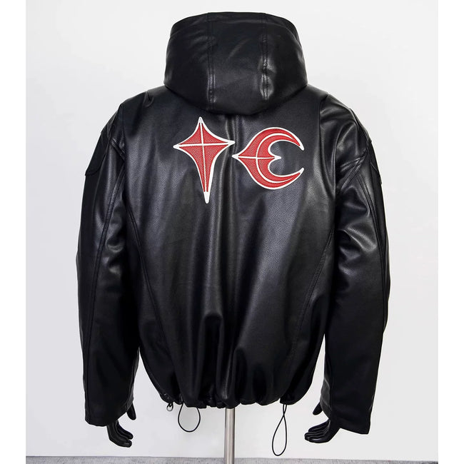 Thug Club Black Hooded Faux Leather Jacket Red Star Moon Logo, Unisex Hover Image
