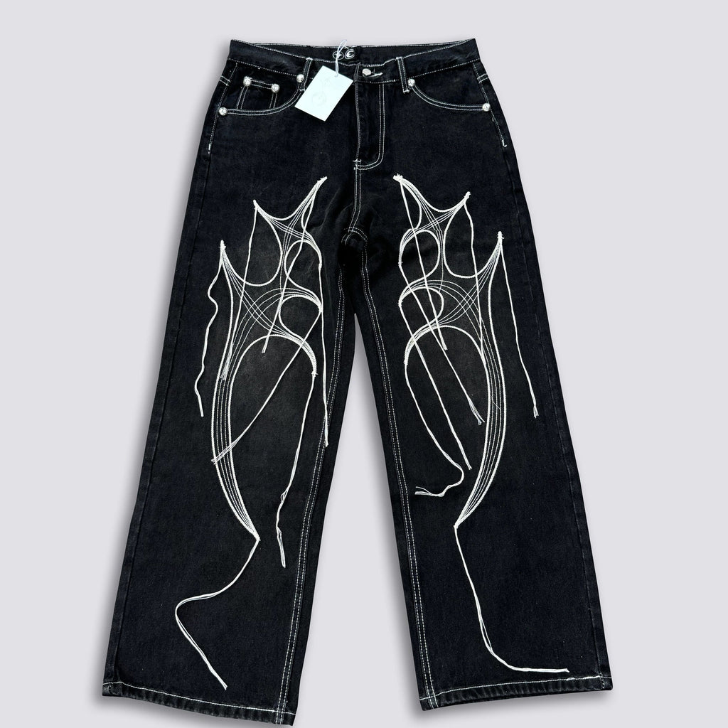 Thug Club Abstract Line Embroidery Black Wide Leg Jeans, Y2K Gothic Baggy Denim Pants