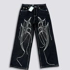 Thug Club Abstract Line Embroidery Black Wide Leg Jeans, Y2K Gothic Baggy Denim Pants