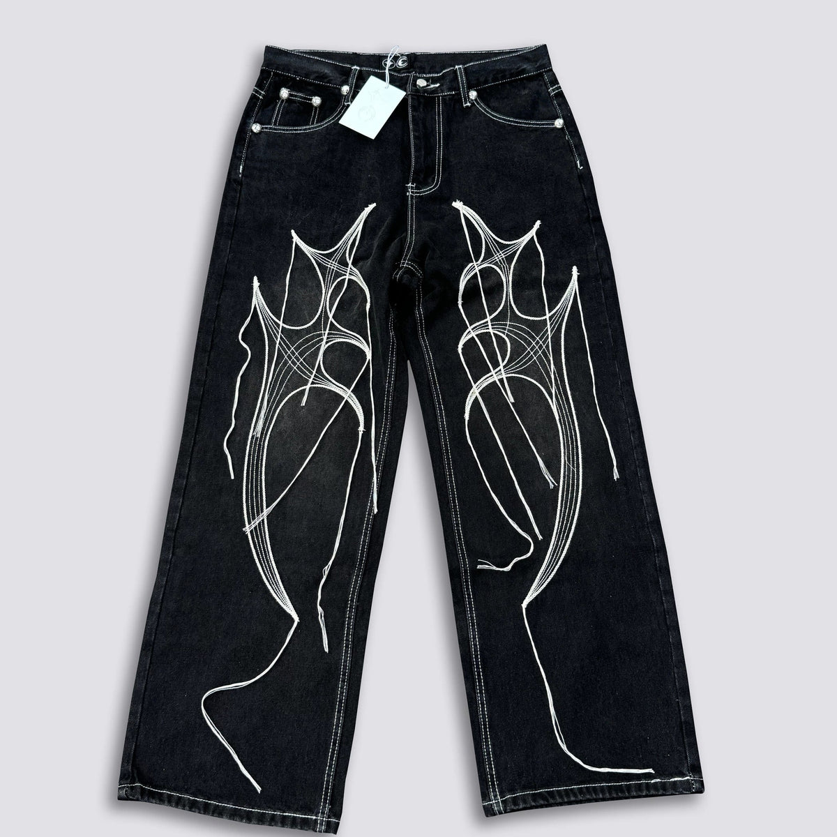 Thug Club Abstract Line Embroidery Black Wide Leg Jeans, Y2K Gothic Baggy Denim Pants
