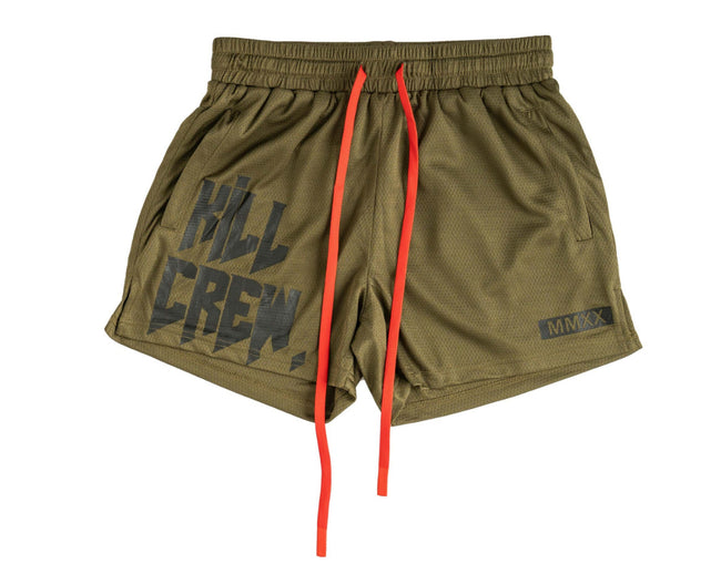 Killcrew Logo Graphic Olive Green and Red Mesh Shorts Hover Image