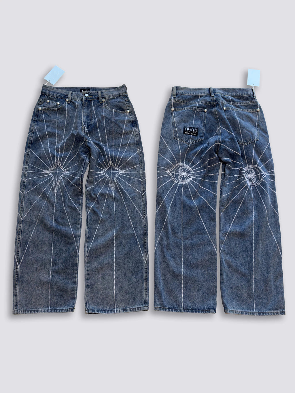 Thug Club Star Eye Radiating Line Embroidered Wide Leg Jeans, Y2K Gothic Baggy Denim Pants