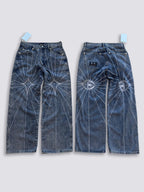 Thug Club Star Eye Radiating Line Embroidered Wide Leg Jeans, Y2K Gothic Baggy Denim Pants