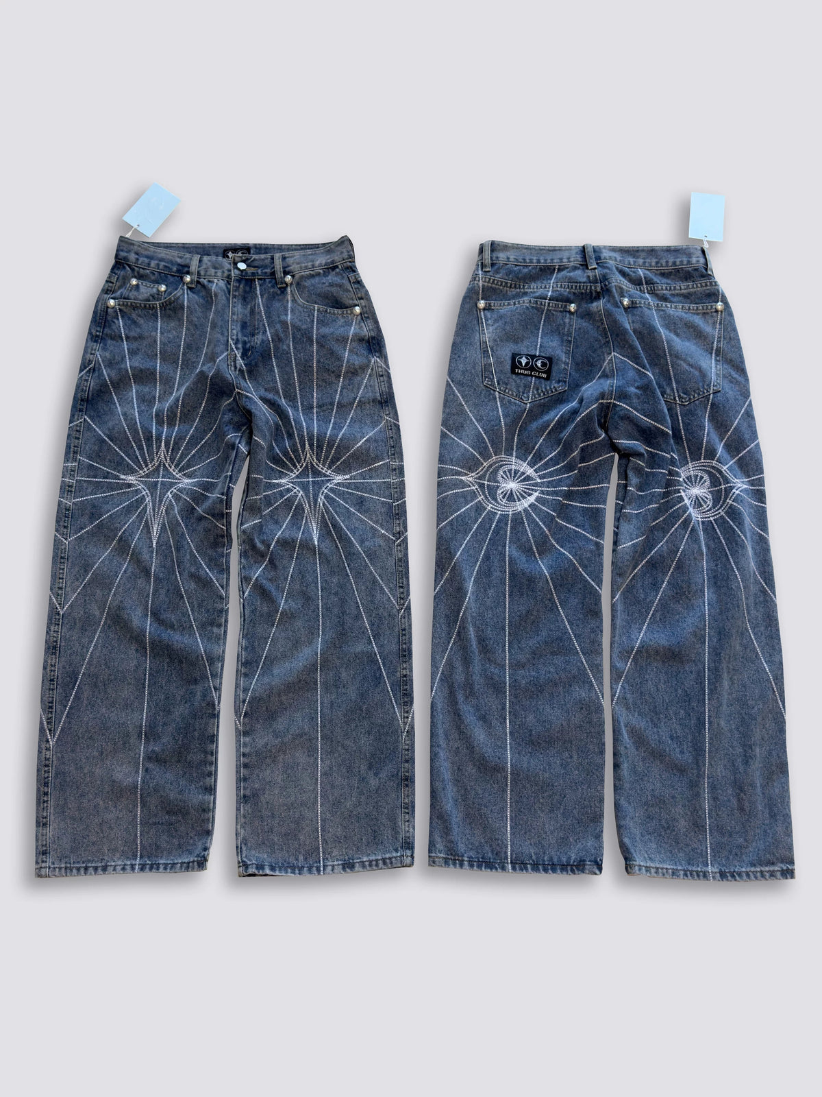 Thug Club Star Eye Radiating Line Embroidered Wide Leg Jeans, Y2K Gothic Baggy Denim Pants