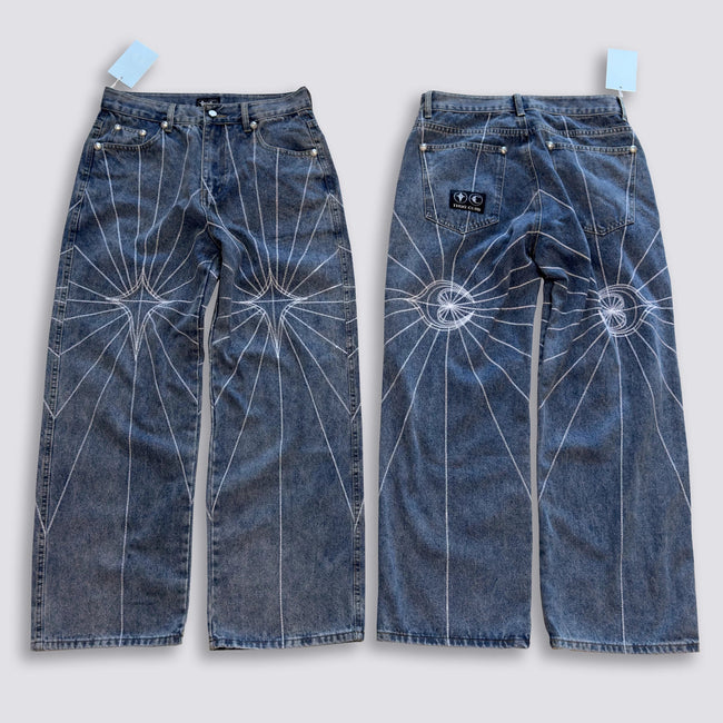 Thug Club Star Eye Radiating Line Embroidered Wide Leg Jeans, Y2K Gothic Baggy Denim Pants Hover Image