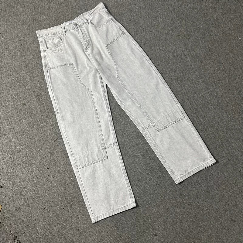 Broken Planet Washed Double Knee Wide Leg Jeans - Light Grey