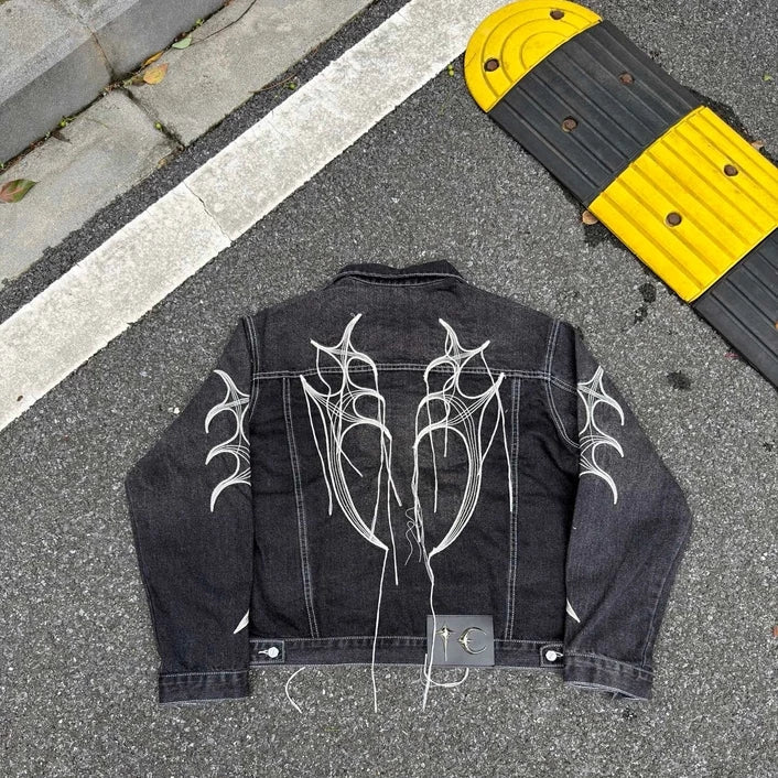 Thug Club Spider Web Fringe Embroidery Cropped Denim Jacket, Y2K Gothic Distressed Black Jean Coat