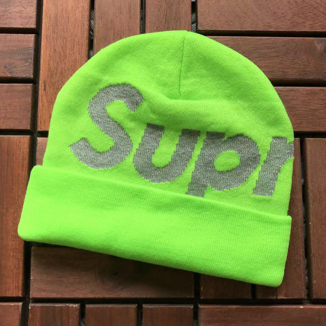 Supreme Neon Green Reflective Big Logo Cuffed Beanie Hover Image