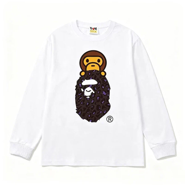 BAPE Style Baby Milo on Dark Leopard Camo Ape Head Long-Sleeve Tee - White/Dark Leopard Hover Image