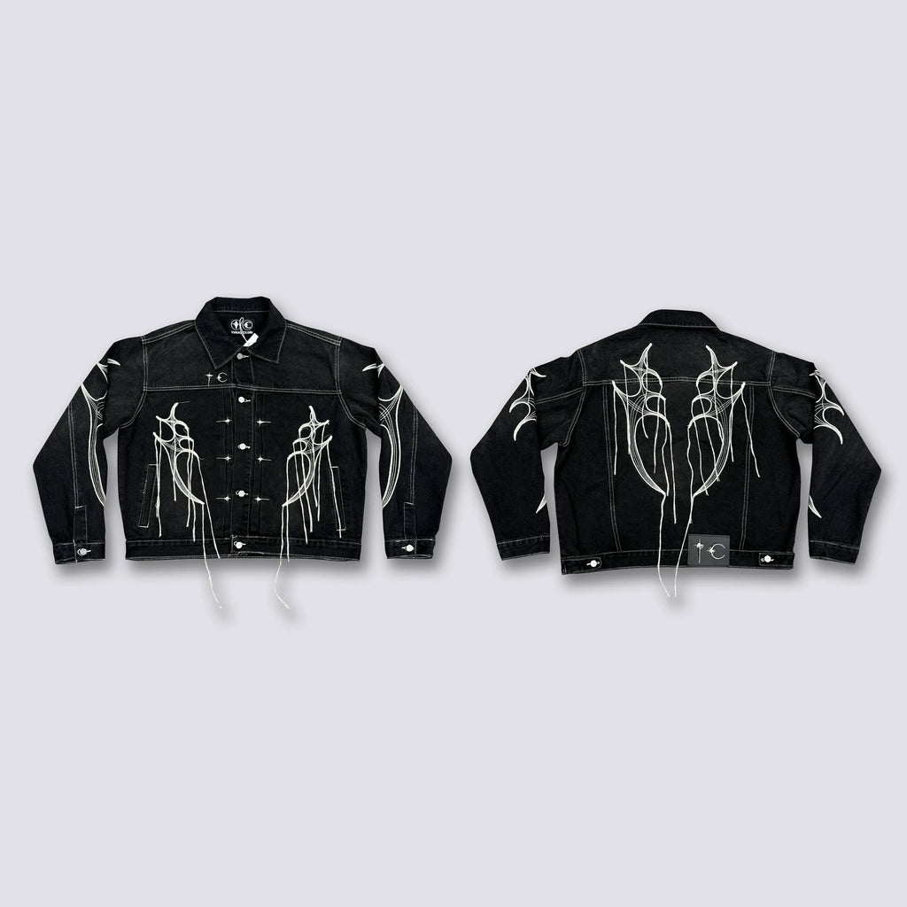 Thug Club Spider Web Fringe Embroidery Cropped Denim Jacket, Y2K Gothic Distressed Black Jean Coat