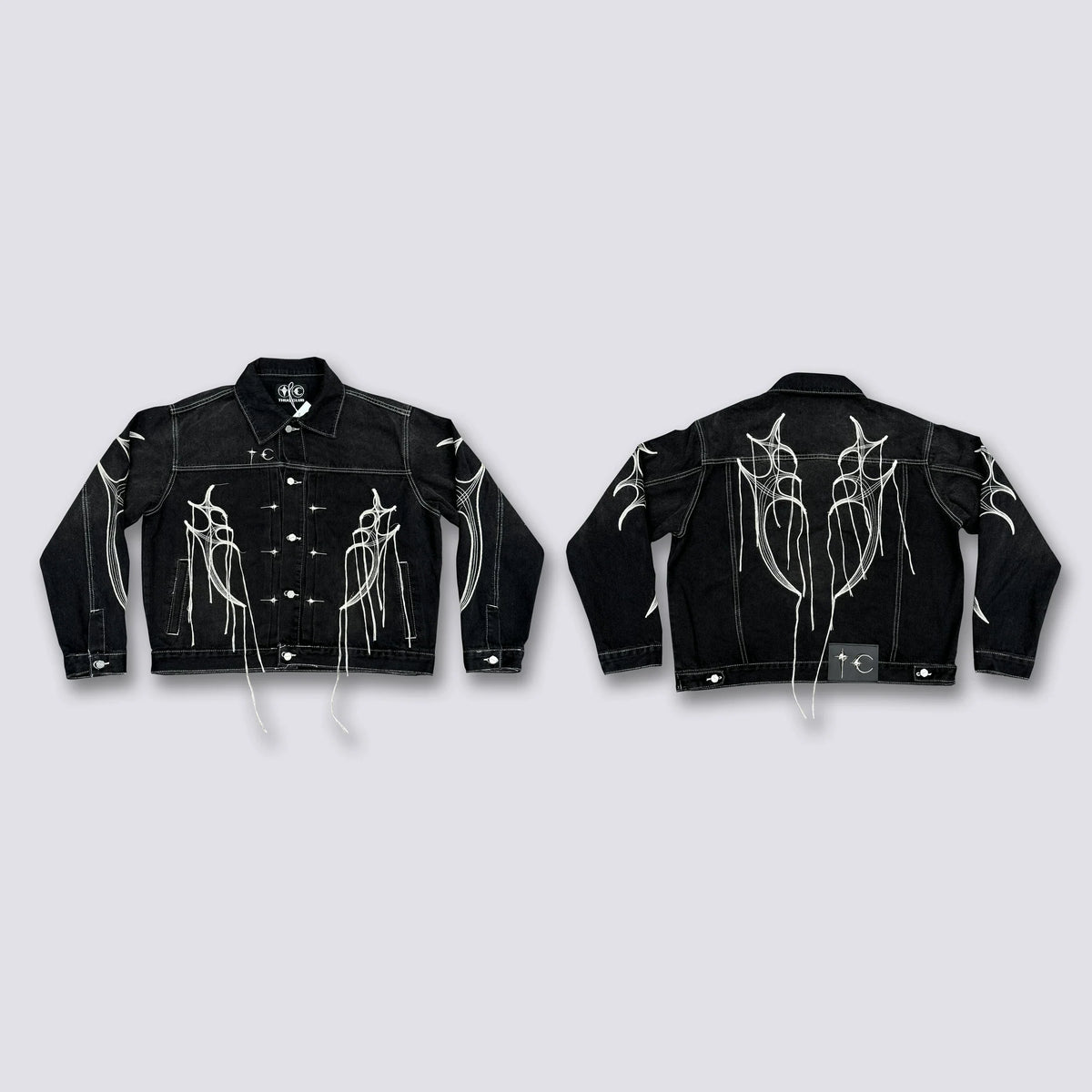 Thug Club Spider Web Fringe Embroidery Cropped Denim Jacket, Y2K Gothic Distressed Black Jean Coat
