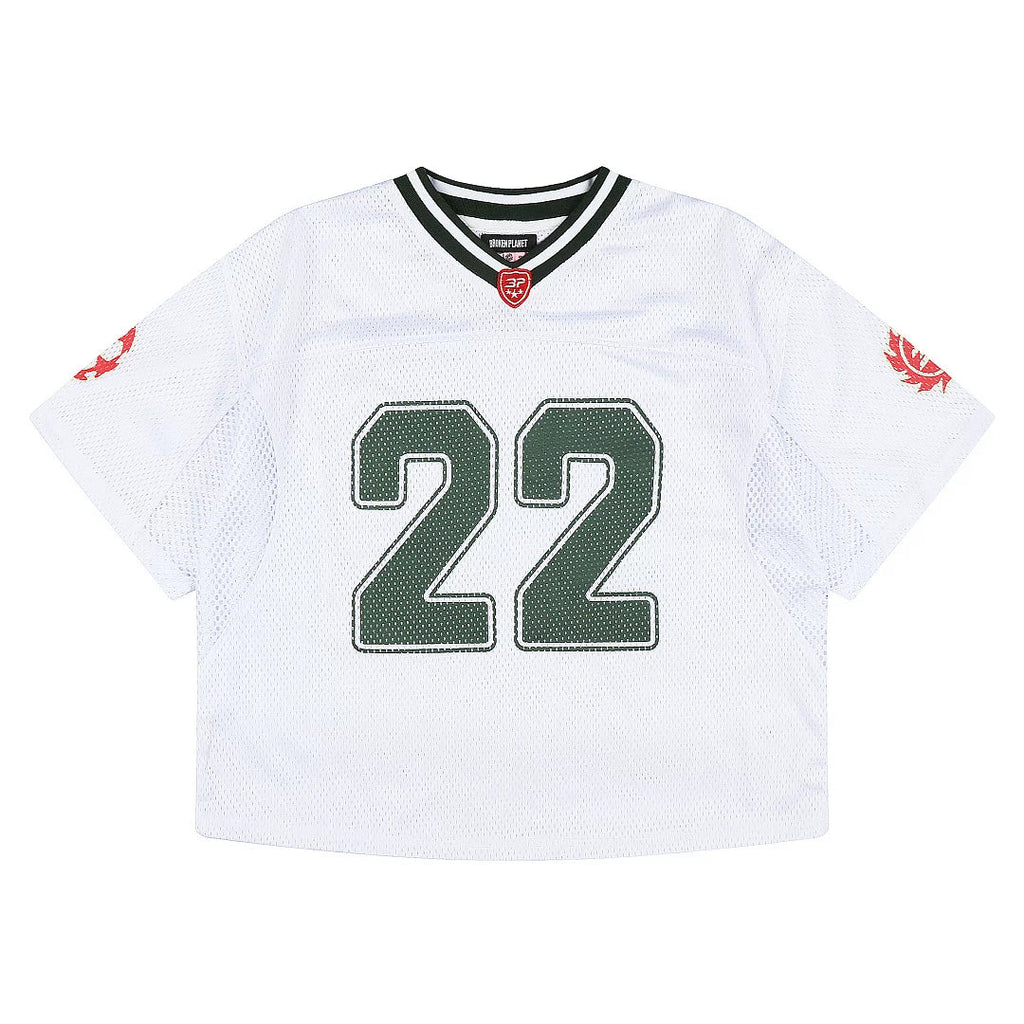 Broken Planet 22 Cropped Mesh Football Jersey, White Retro Oversized Short Football Tee