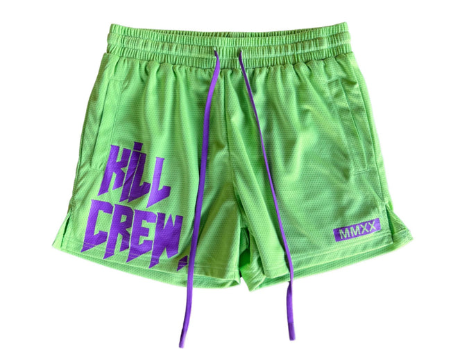 Killcrew Logo Graphic Green and Purple Mesh Shorts Hover Image