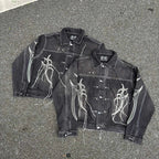 Thug Club Spider Web Fringe Embroidery Cropped Denim Jacket, Y2K Gothic Distressed Black Jean Coat