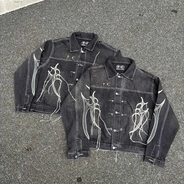 Thug Club Spider Web Fringe Embroidery Cropped Denim Jacket, Y2K Gothic Distressed Black Jean Coat