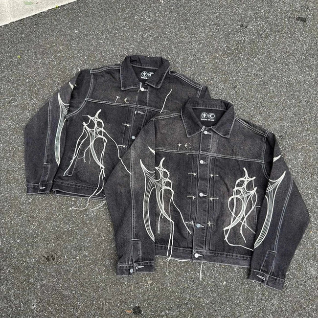Thug Club Spider Web Fringe Embroidery Cropped Denim Jacket, Y2K Gothic Distressed Black Jean Coat Hover Image