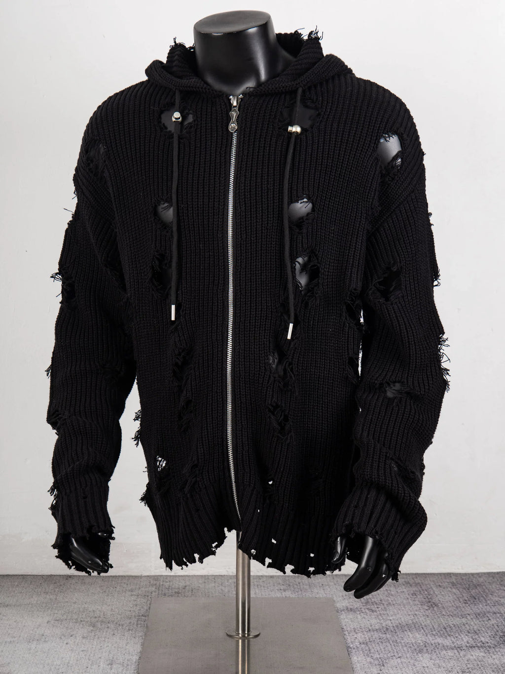 Thug Club Distressed Ripped Knit Zip Up Hooded Cardigan, Y2K Grunge Oversized Sweater Jacket