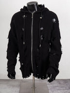 Thug Club Distressed Ripped Knit Zip Up Hooded Cardigan, Y2K Grunge Oversized Sweater Jacket