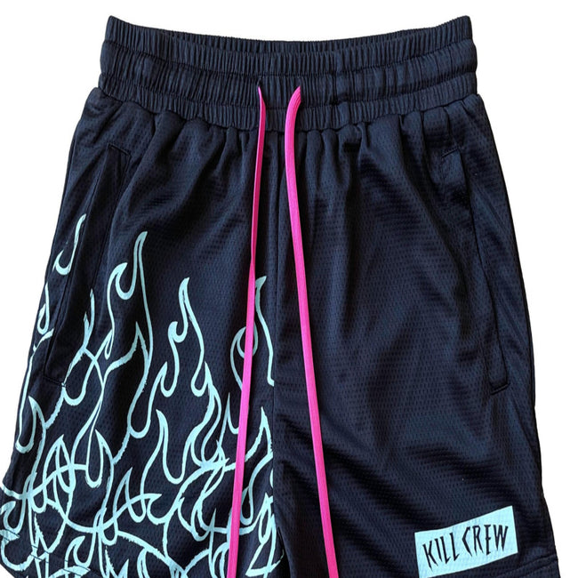 Killcrew Flame Graphic Black and Light Blue Mesh Shorts Hover Image