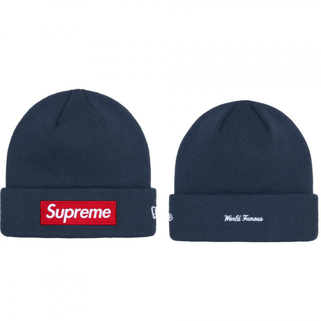 Supreme / New Era Navy Box Logo Beanie with World Famous Embroidery Hover Image