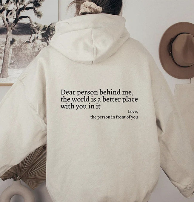 Beige "Dear Person Behind Me" Quote Hoodie Hover Image