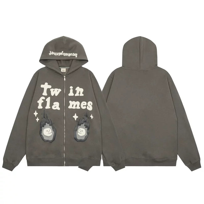 Broken Planet Twin Flames Zip Up Hoodie - Dark Grey Hover Image