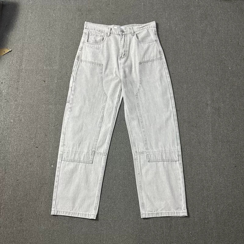 Broken Planet Washed Double Knee Wide Leg Jeans - Light Grey