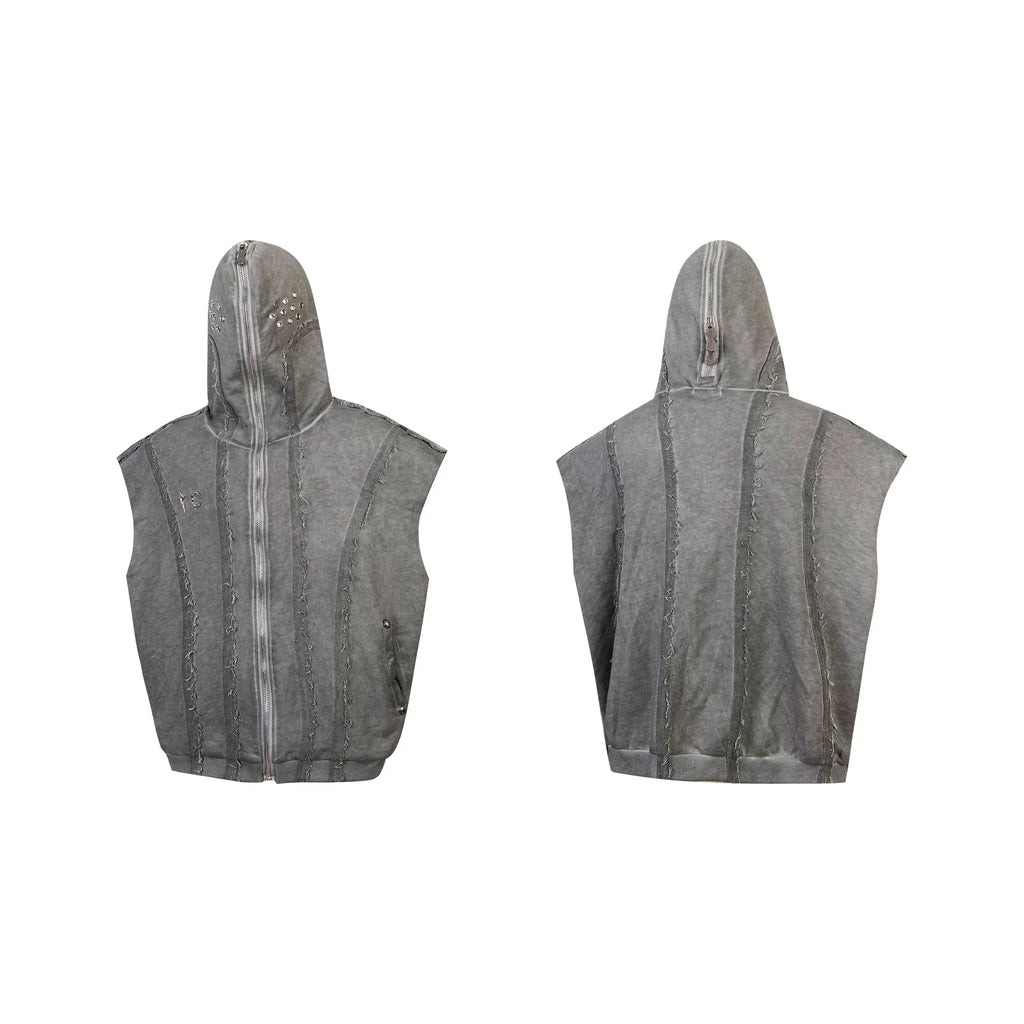 Thug Club Grey Raw Fringe Hooded Zip Vest, Unisex