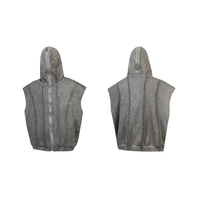 Thug Club Grey Raw Fringe Hooded Zip Vest, Unisex Main Image