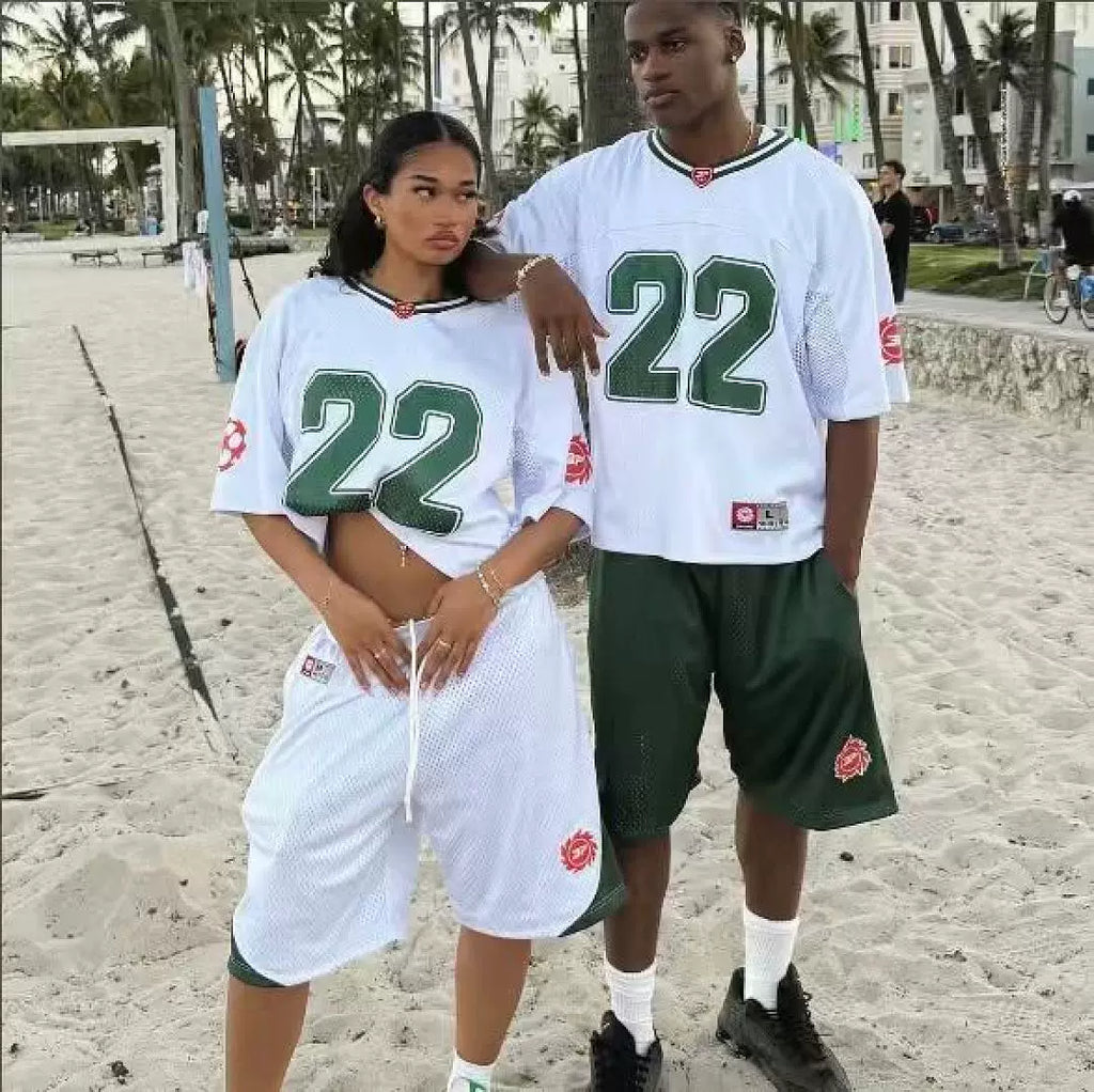 Broken Planet 22 Cropped Mesh Football Jersey, White Retro Oversized Short Football Tee