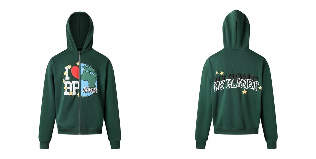 Broken Planet I Love BP Forest Green Zip Hoodie