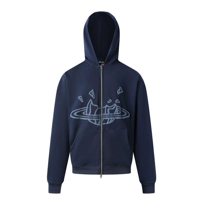 Broken Planet Outline Cracked Planet Navy Blue Zip Hoodie Hover Image