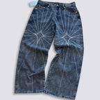 Thug Club Star Eye Radiating Line Embroidered Wide Leg Jeans, Y2K Gothic Baggy Denim Pants