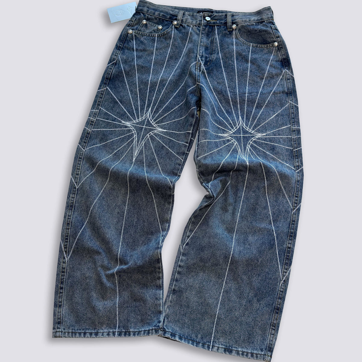 Thug Club Star Eye Radiating Line Embroidered Wide Leg Jeans, Y2K Gothic Baggy Denim Pants