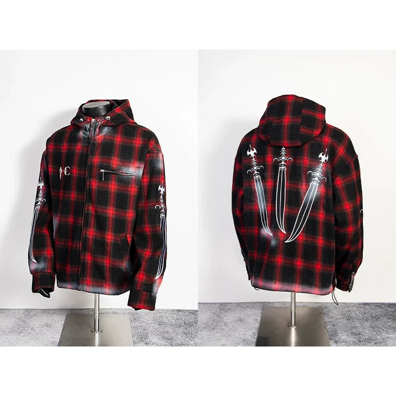 Thug Club Red Plaid Hooded Zip Jacket, Y2K Gothic Swords Print Wool Blend Oversized Coat