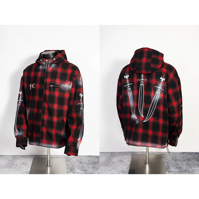 Thug Club Red Plaid Hooded Zip Jacket, Y2K Gothic Swords Print Wool Blend Oversized Coat Hover Image