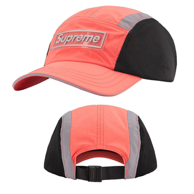 Supreme Coral Red and Black Reflective Piping 5-Panel Box Logo Camp Cap Hover Image
