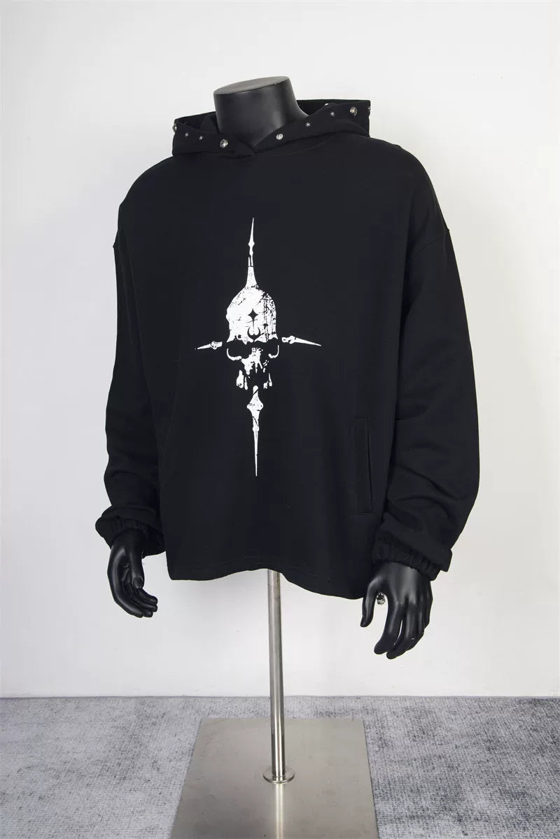 Thug Club Black Skull Star Print Studded Hoodie, Unisex