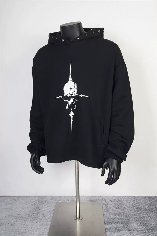 Thug Club Black Skull Star Print Studded Hoodie, Unisex Hover Image