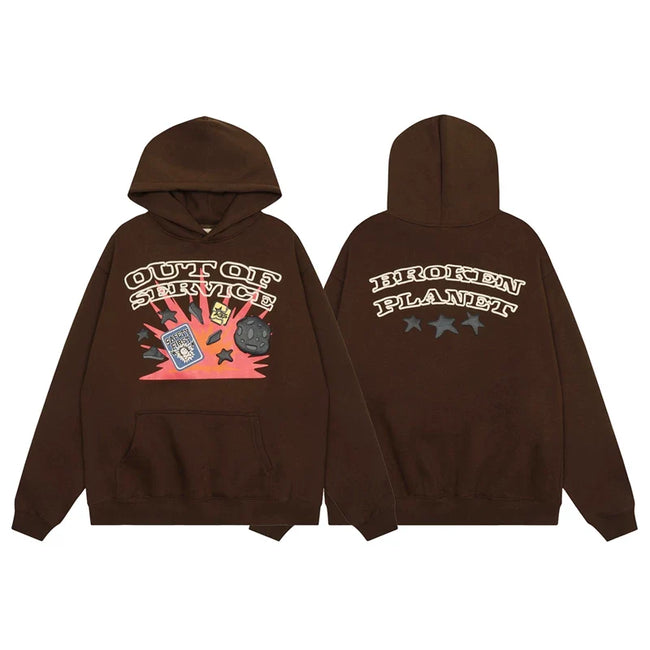 Broken Planet Out Of Service Brown Oversized Graphic Hoodie Hover Image