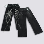 Thug Club Abstract Line Embroidery Black Wide Leg Jeans, Y2K Gothic Baggy Denim Pants