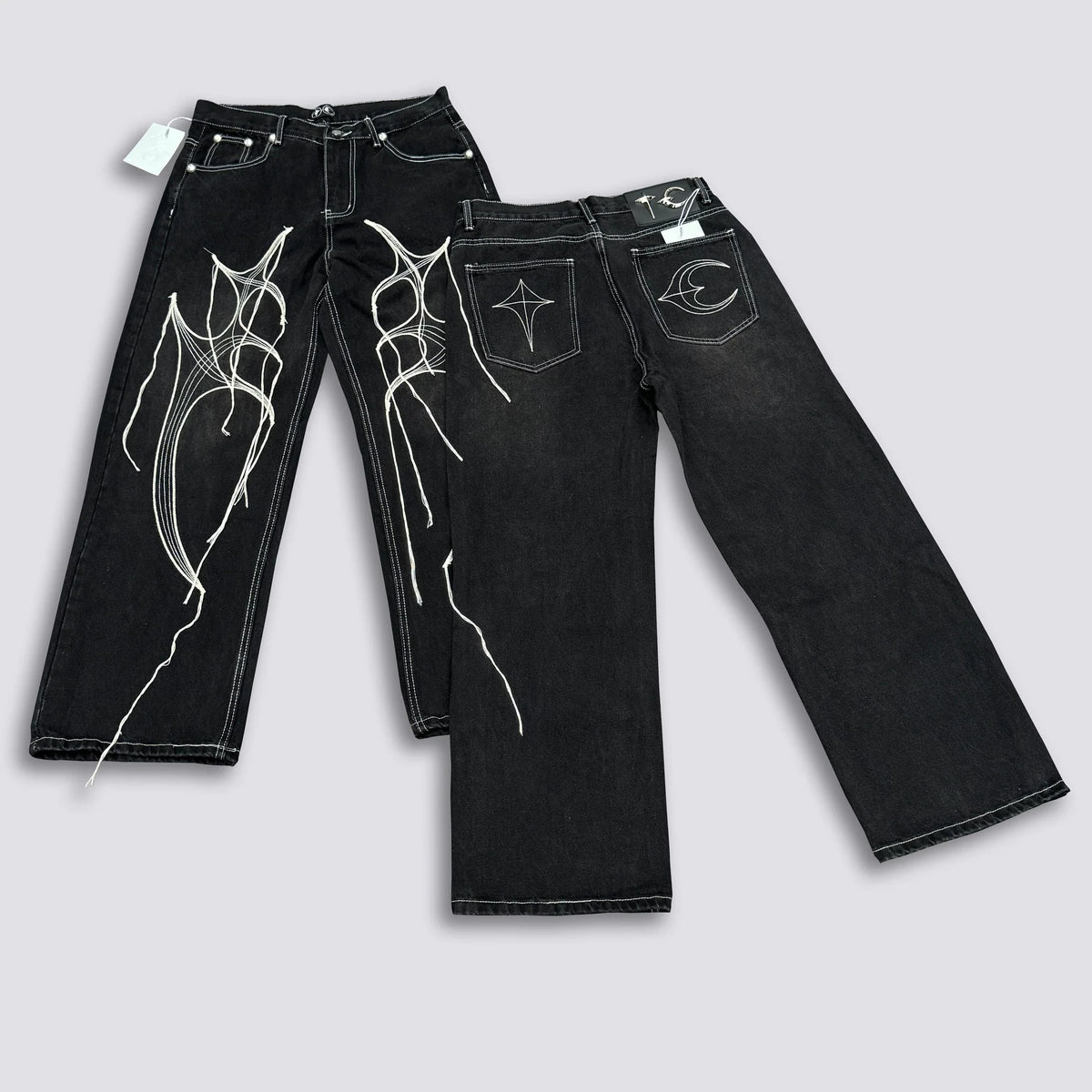 Thug Club Abstract Line Embroidery Black Wide Leg Jeans, Y2K Gothic Baggy Denim Pants