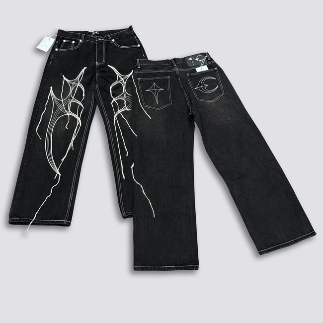 Thug Club Abstract Line Embroidery Black Wide Leg Jeans, Y2K Gothic Baggy Denim Pants Main Image