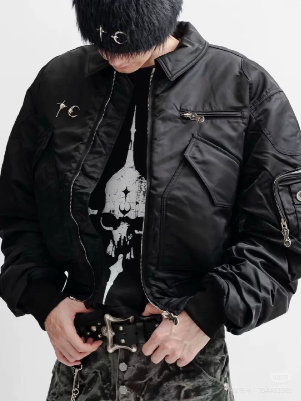 Thug Club Ruched Back MA1 Bomber Jacket, Y2K Gothic Multi-Pocket Flight Coat