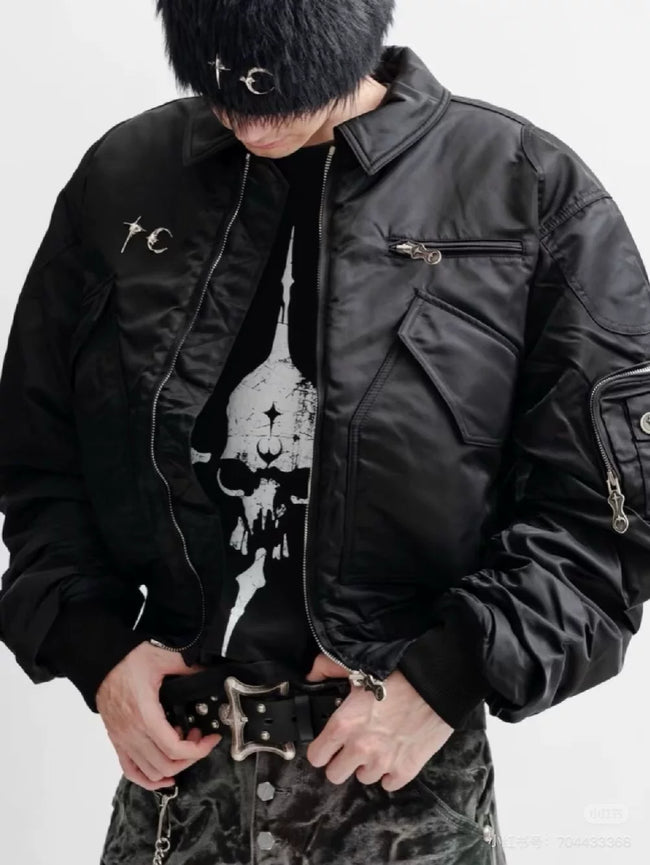 Thug Club Ruched Back MA1 Bomber Jacket, Y2K Gothic Multi-Pocket Flight Coat Main Image