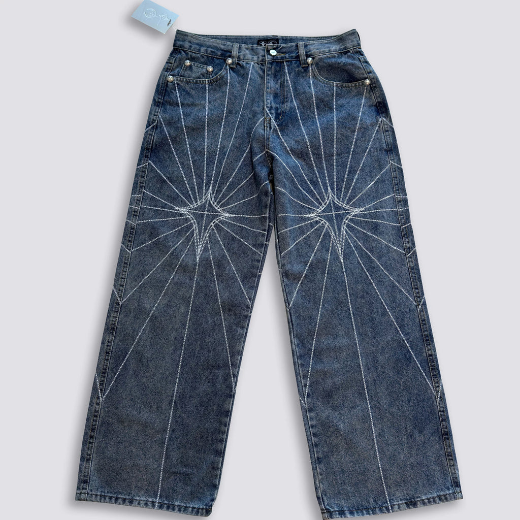 Thug Club Star Eye Radiating Line Embroidered Wide Leg Jeans, Y2K Gothic Baggy Denim Pants