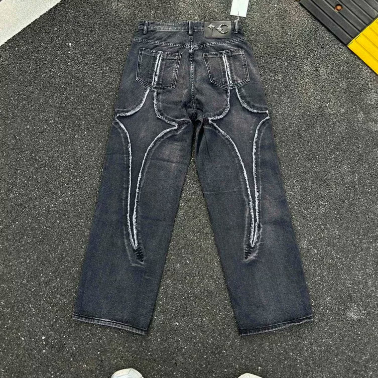 Thug Club Frayed Flare Graphic Black Washed Jeans, Y2K Gothic Wide Leg Denim Pants