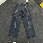 Thug Club Frayed Flare Graphic Black Washed Jeans, Y2K Gothic Wide Leg Denim Pants