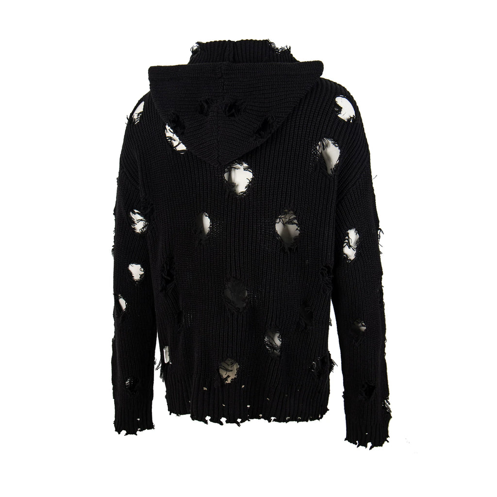 Thug Club Distressed Ripped Knit Zip Up Hooded Cardigan, Y2K Grunge Oversized Sweater Jacket