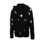 Thug Club Distressed Ripped Knit Zip Up Hooded Cardigan, Y2K Grunge Oversized Sweater Jacket